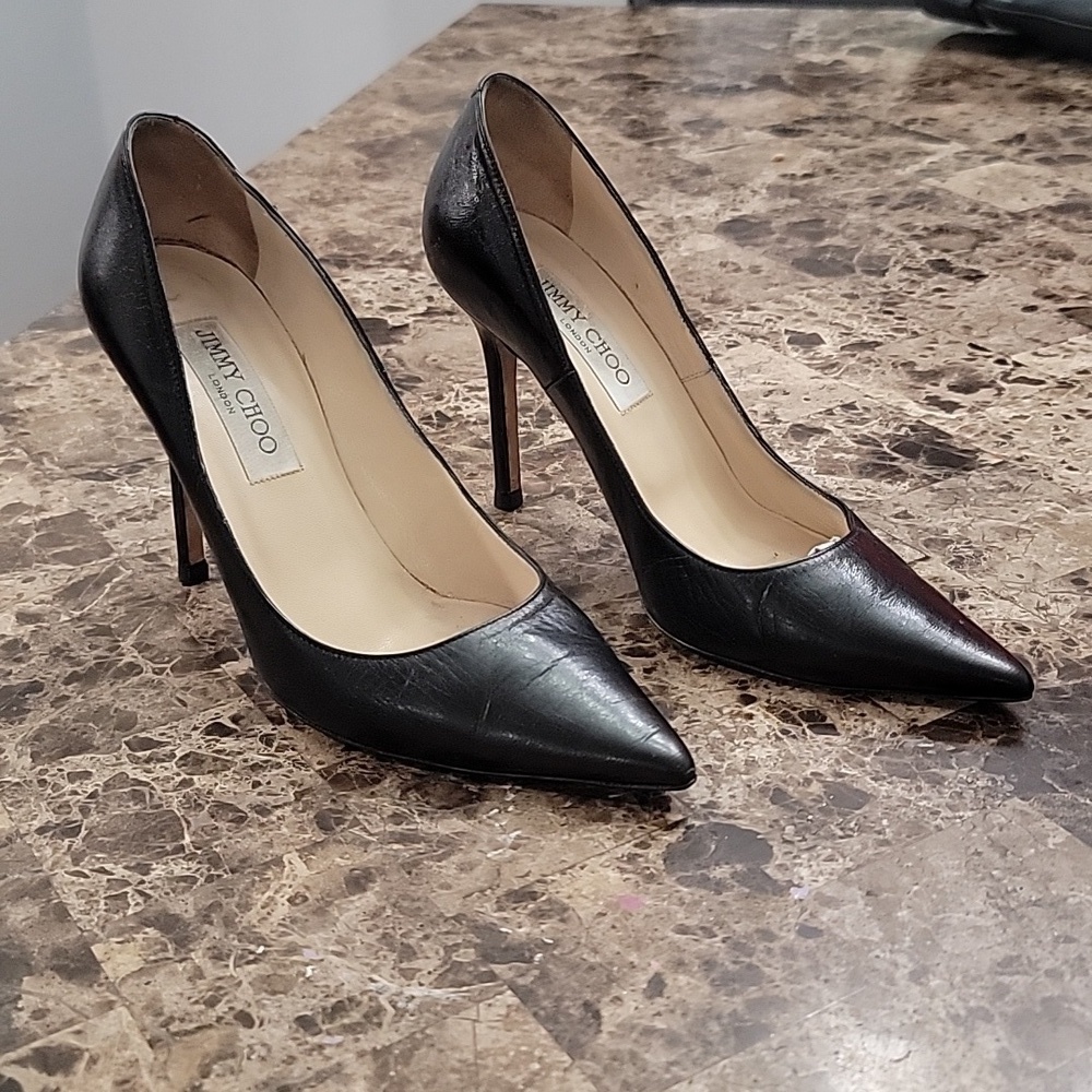 Jimmy Choo Heels Classic Black Leather Pointed Toe Stilletto Pumps Sz. 36 1/2
